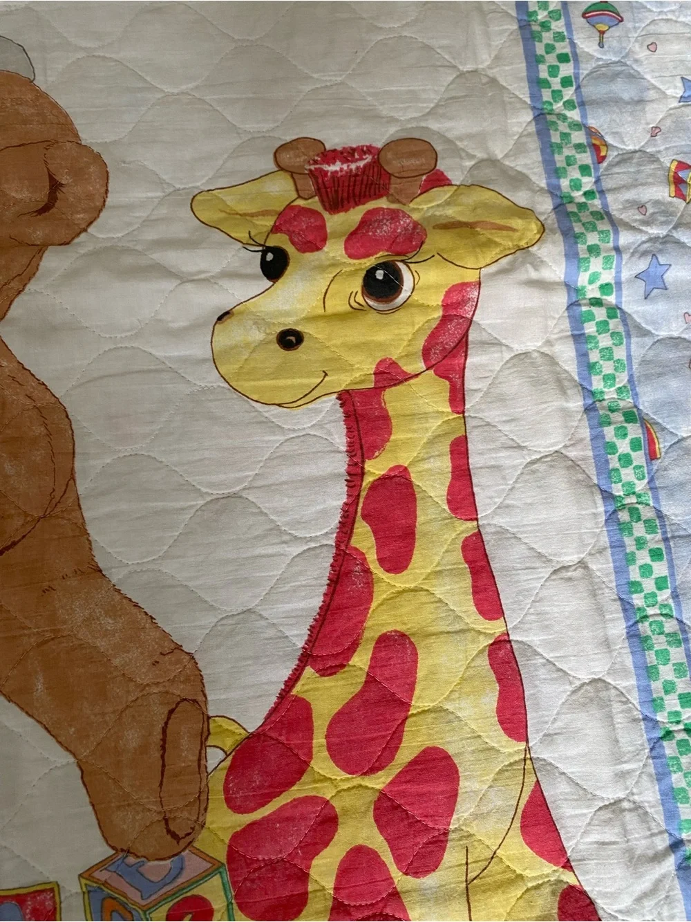 VTG  80s 90s Handmade Baby Quilt Yellow Plaid Giraffe Teddy Bear Elephant Bunny